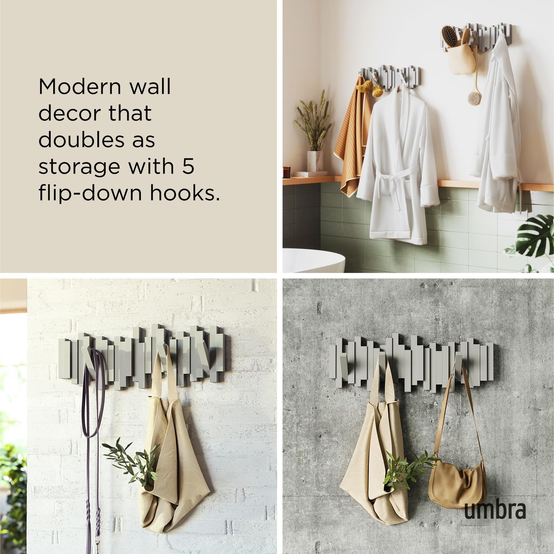 Umbra Sticks Wall Mount Coat Rack, 5 Hook Retractable Pegs, Grey