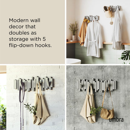 Umbra Sticks Wall Mount Coat Rack, 5 Hook Retractable Pegs, Grey
