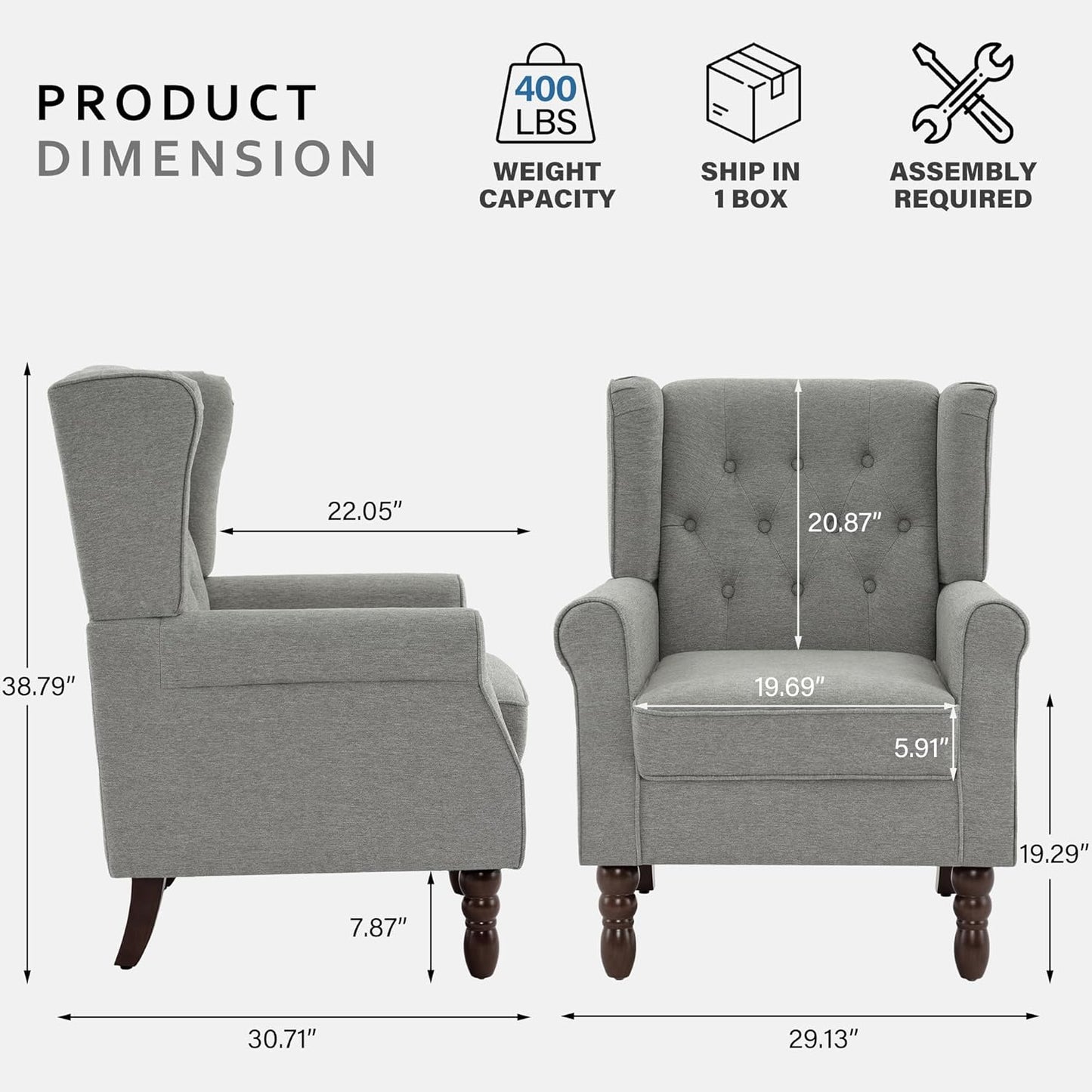 Lumibee High Back Accent Chair,Upholstered Wingback Armchair with Solid Wood Legs for Small