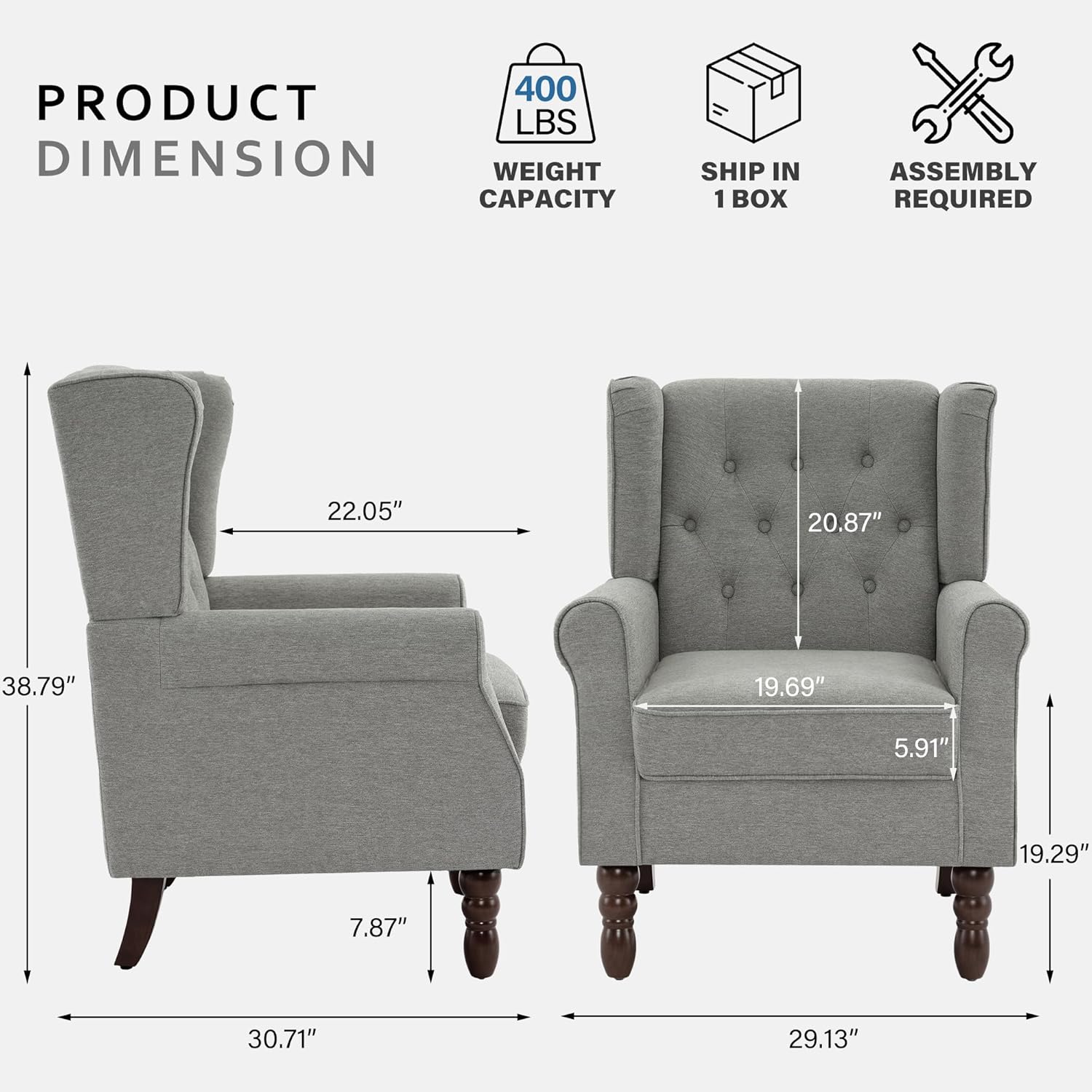 Lumibee High Back Accent Chair,Upholstered Wingback Armchair with Solid Wood Legs for Small