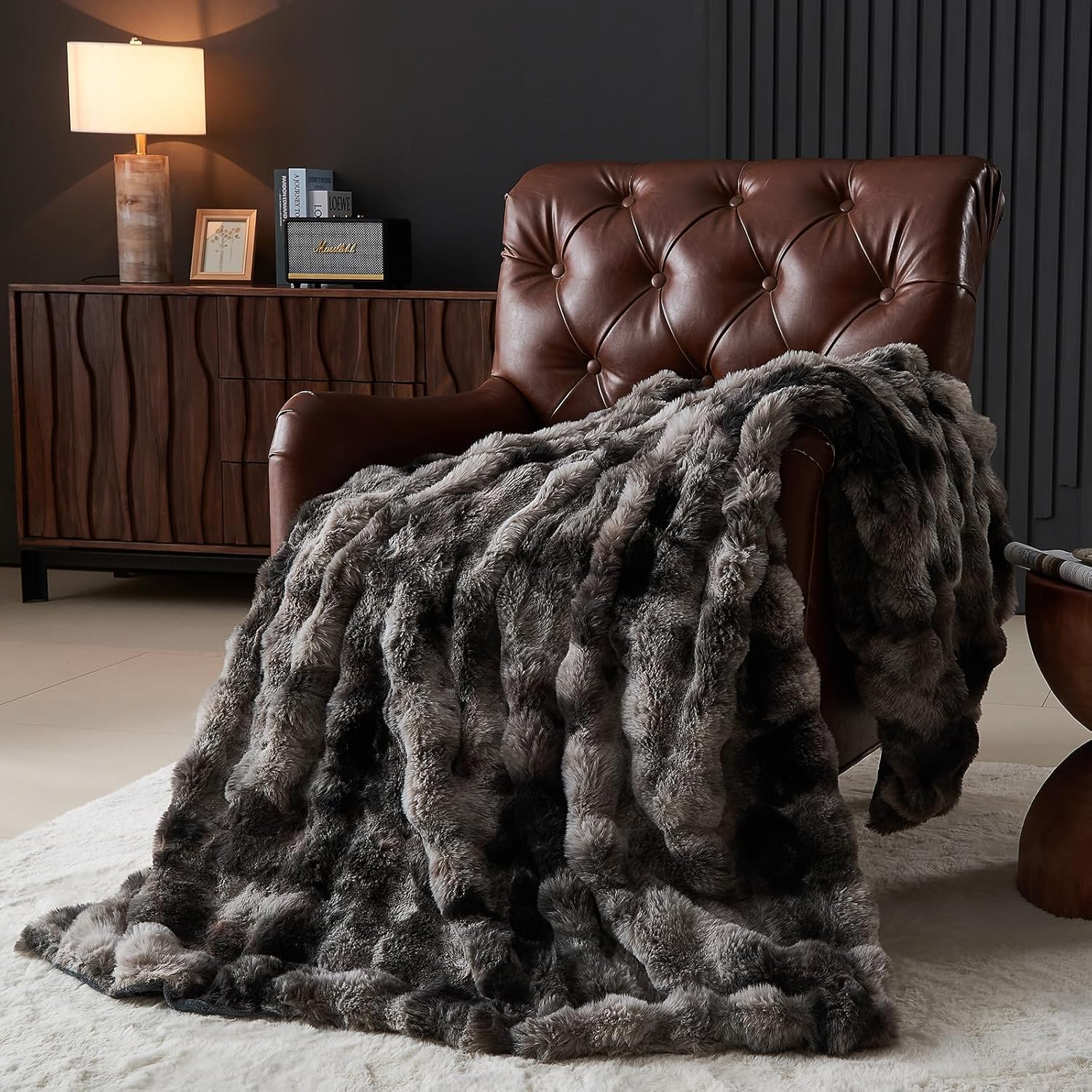 Lotus Karen Faux Fur Blanket Tie-Dye Dark Gray Twin Size - Big Bubble Rabbit Fluff Throw for Couch