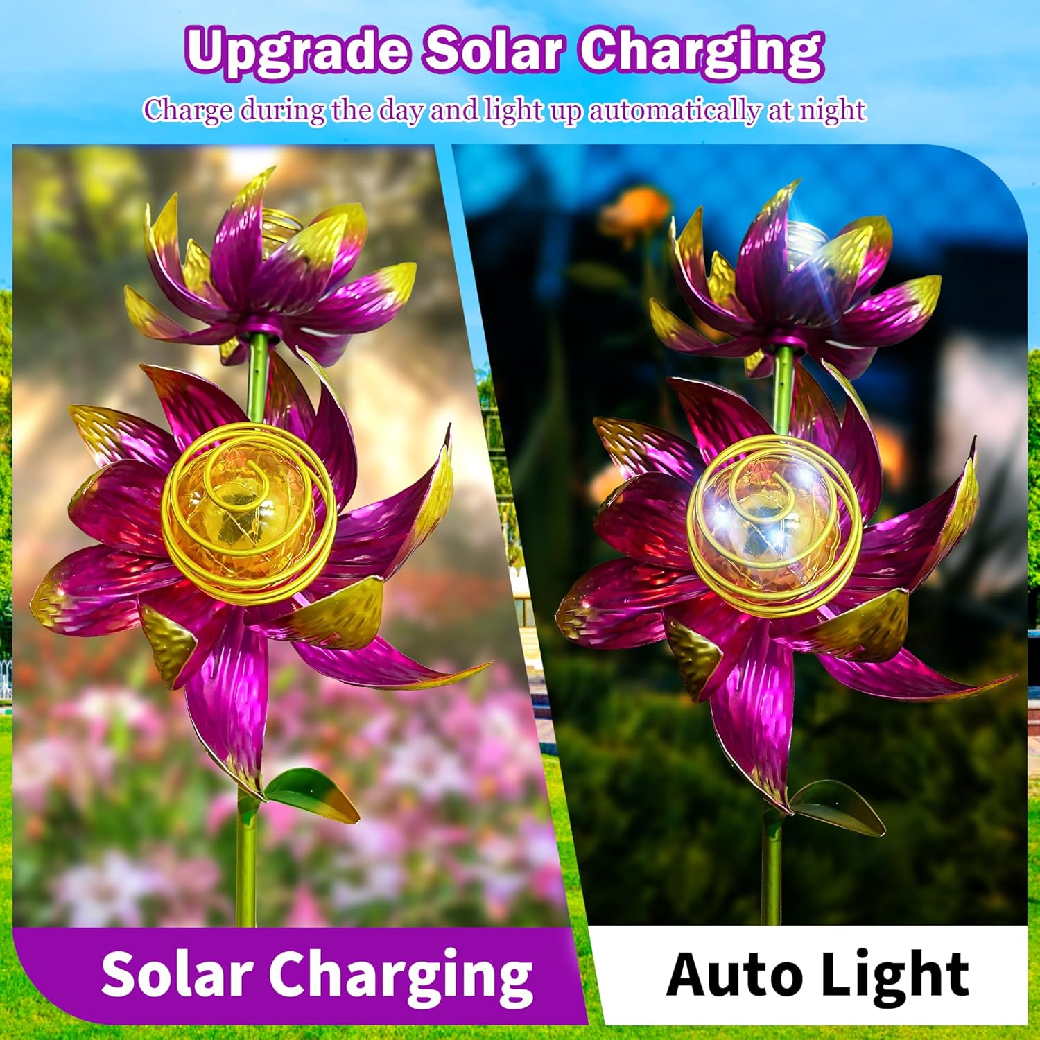 Solar Wind Spinner Outdoor, 63 Inch Metal Wind Spinner Yard Art with Lights - Twin Flower Design