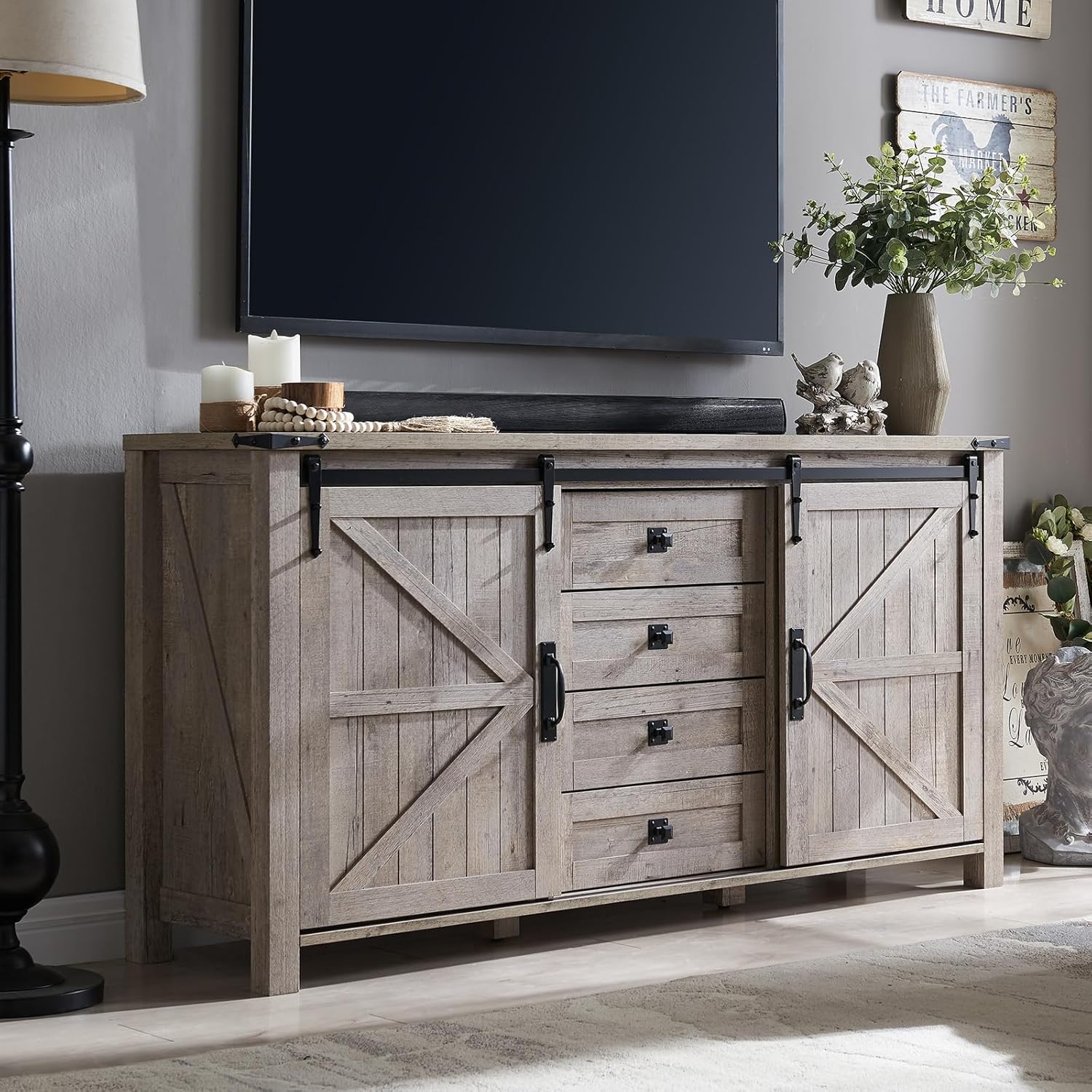 T4TREAM 60'' Farmhouse Dresser Chests for Bedroom w/4 Drawers & Sliding Barn Doors, Tall Chest of