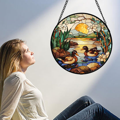 Stained Glass Window Hanging, Ducks in The Pond Sun Catcher for Door Home Decor Landscape Plant