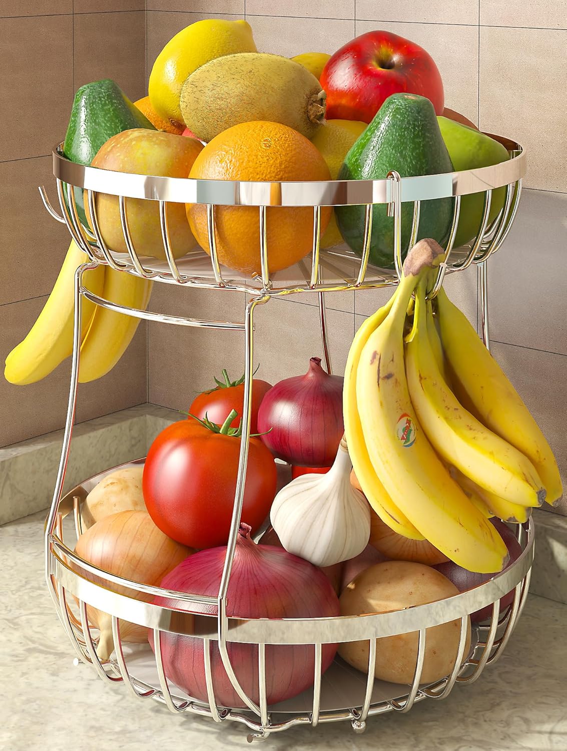 2 Tier Fruit Basket for Kitchen Counter with 2 Banana Hangers, Metal Stackable Fruit Bowl for