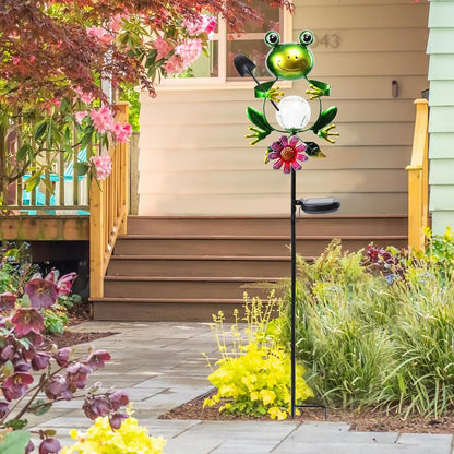 Afirst Solar Lights Outdoor Decorative Metal Frog Crackle Glass Globe Warm White LED Metal
