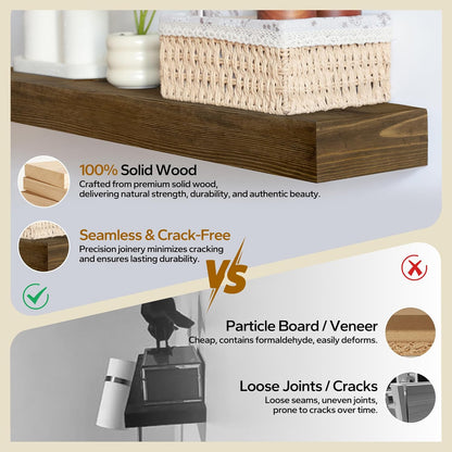 Floating Shelves 3 inch Thick for Wall Set of 2,Solid Pine Wood Wall Mount Shelf for Kitchen Living
