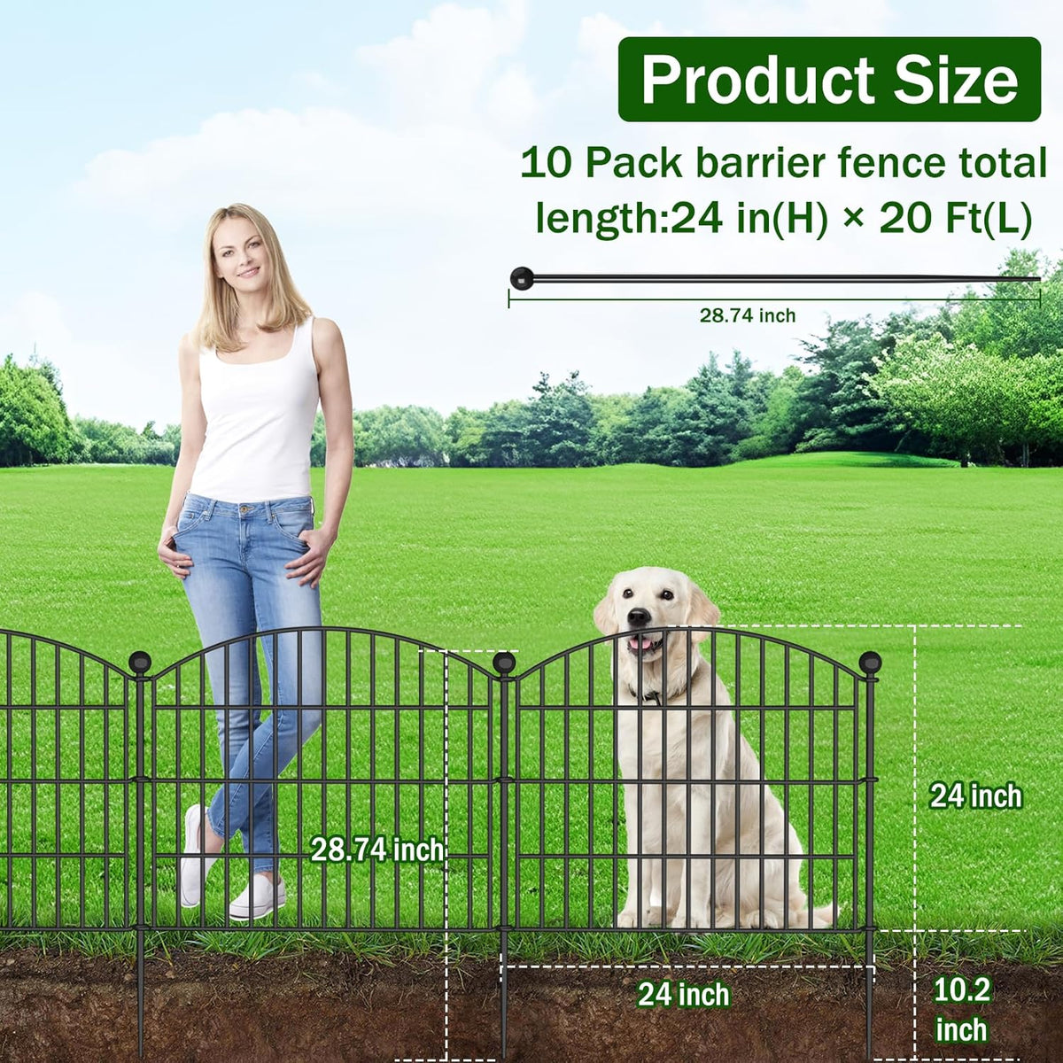 10 Panels No Dig Decorative Garden Fence Animal Barrier - 24 in (H) x 20 ft (L) - Dog Fence Outdoor