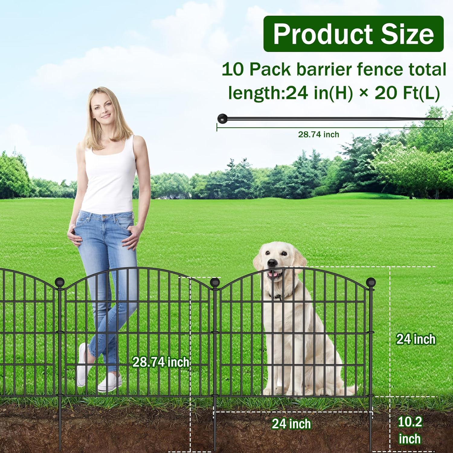 10 Panels No Dig Decorative Garden Fence Animal Barrier - 24 in (H) x 20 ft (L) - Dog Fence Outdoor