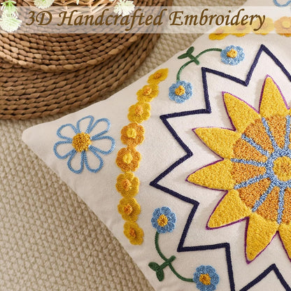 Embroidered Throw Pillow Cover 18x18 Classic Boho Floral Pattern Pillows Cover Outdoor Decorative