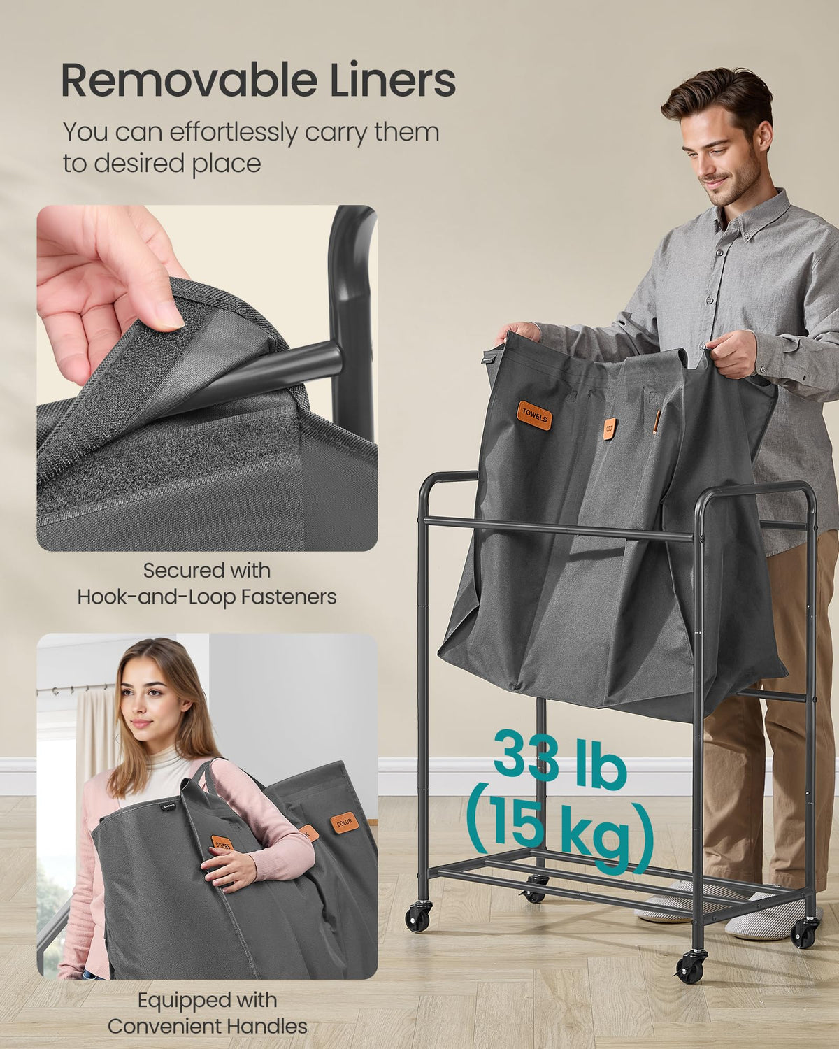 SONGMICS 3-Section Laundry Sorter, Laundry Hamper with Wheels, Rolling Clothes Hamper Cart with