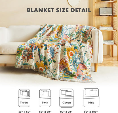 MSGKV Boho Throw Blanket for Couch Bed Chair 100% Cotton Muslin Breathable Vine Embroidery Blanket