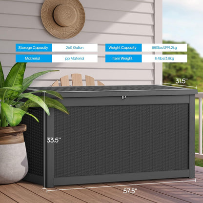 Vixzen 260 Gallon Resin Deck Box, Lockable Outdoor Storage Box for Patio Cushions Storage