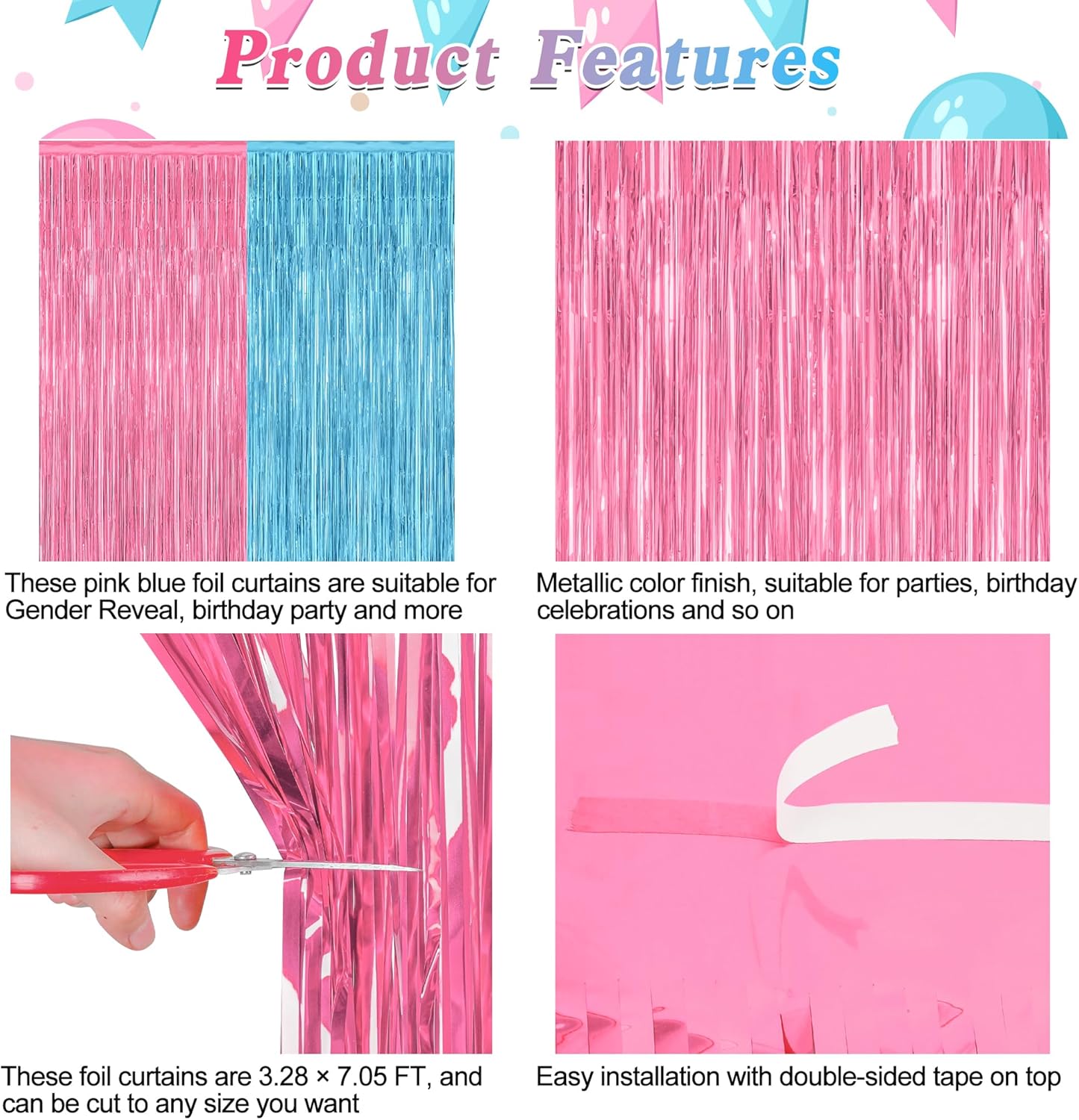 2 Pack Gender Reveal Decorations, 3.28 FT x 7.05 FT Pink and Blue Fringe Backdrop, Metallic Boy or