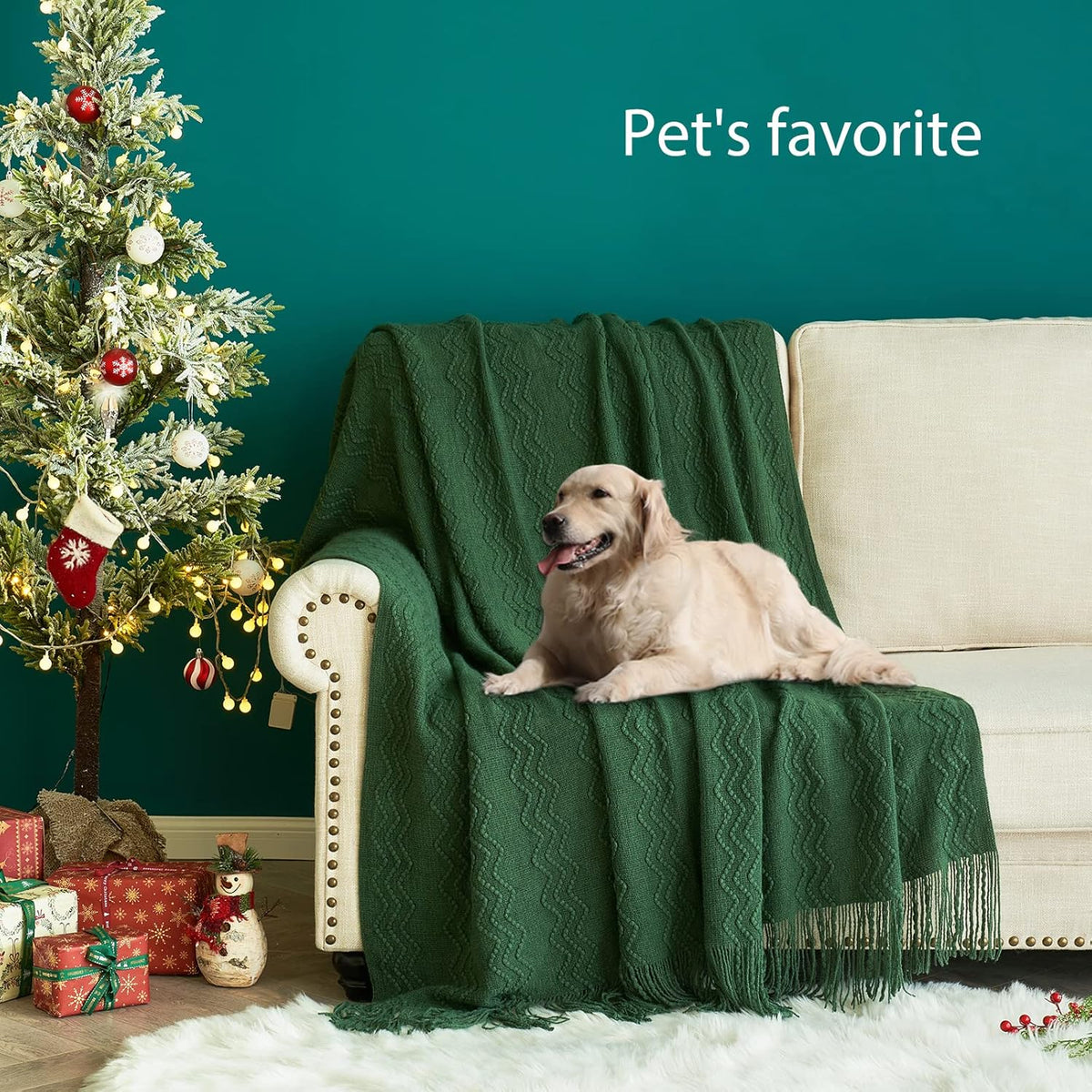 MIULEE Dark Green Knitted Throw Blanket for Couch Boho Textured Cozy Woven Blanket with Tassels for