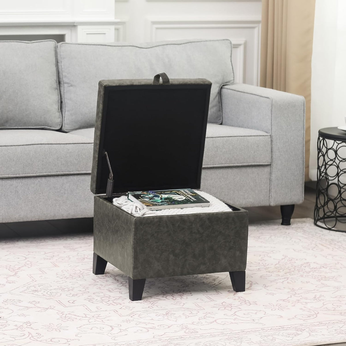 Adeco Faux Leather Storage Ottoman Bench with Wood Legs, 17.7" Square Mixed Grey PU Cube Foot