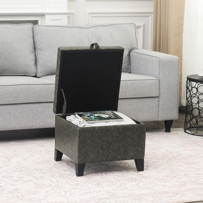 Adeco Faux Leather Storage Ottoman Bench with Wood Legs, 17.7" Square Mixed Grey PU Cube Foot
