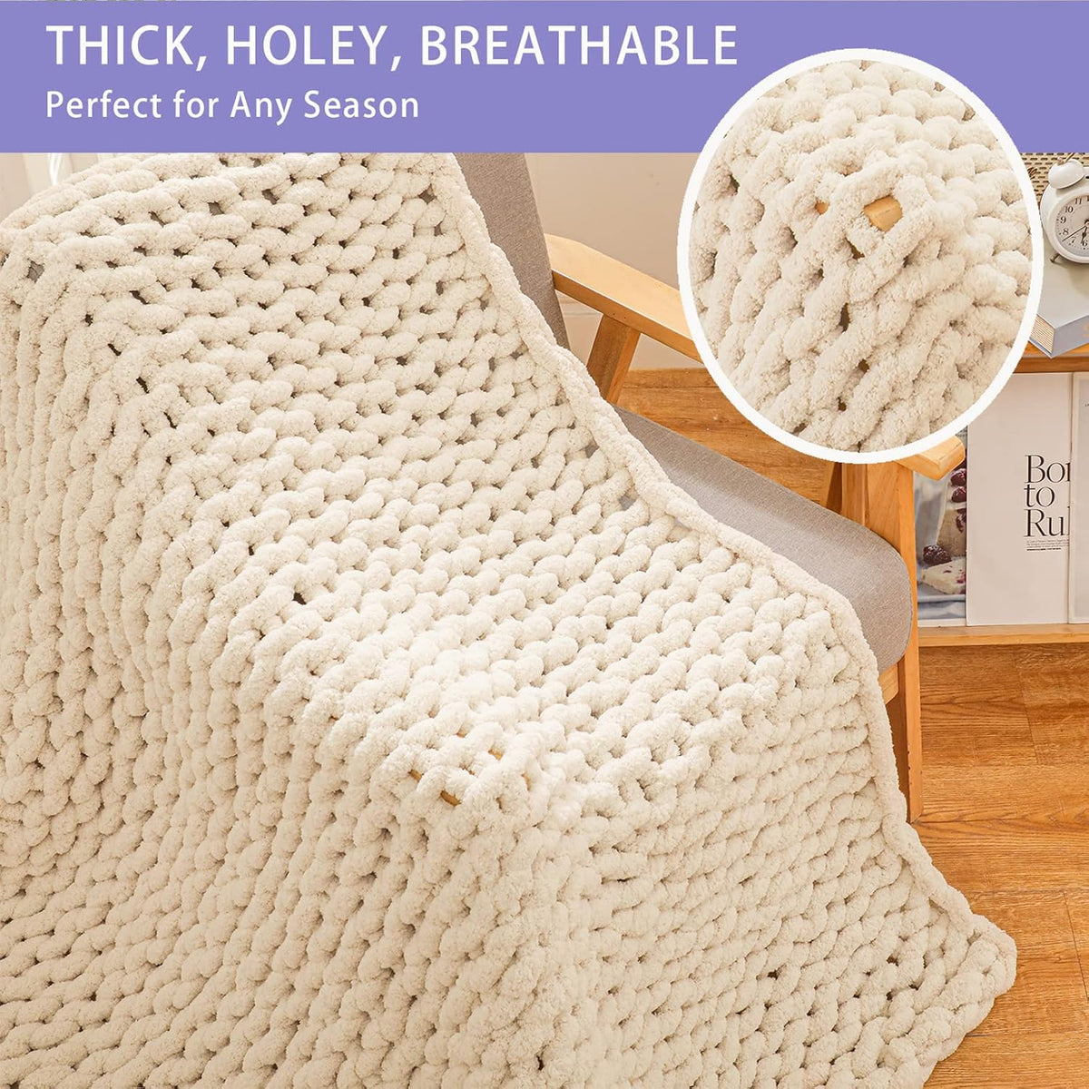 Bigacogo Chunky Knit Throw Blanket for Couch, 80x90 inches, 100% Hand Knitted with Thick Jumbo