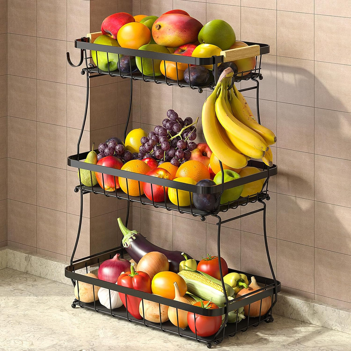 3 Tier Fruit Basket for Kitchen Counter with 2 Mobile Banana Hangers, 2025 Pro Detachable Metal