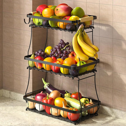 3 Tier Fruit Basket for Kitchen Counter with 2 Mobile Banana Hangers, 2025 Pro Detachable Metal