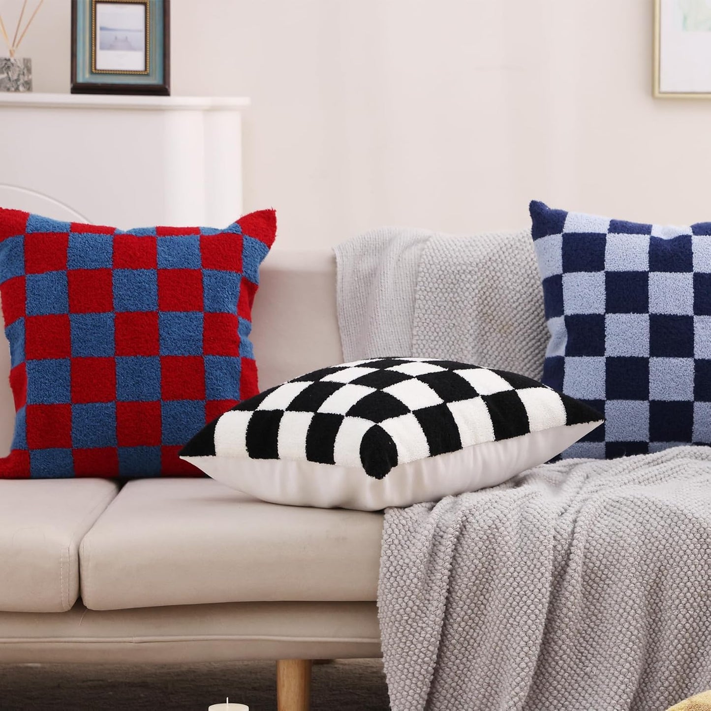 Alysheer Checkered Embroidered Decorative Throw Pillow Covers 18"x 18" Set of 2, Classic Chic Red