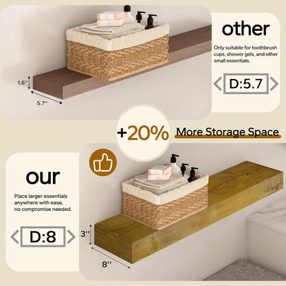 Floating Shelves 3 inch Thick for Wall Set of 2,Solid Pine Wood Wall Mount Shelf for Kitchen Living