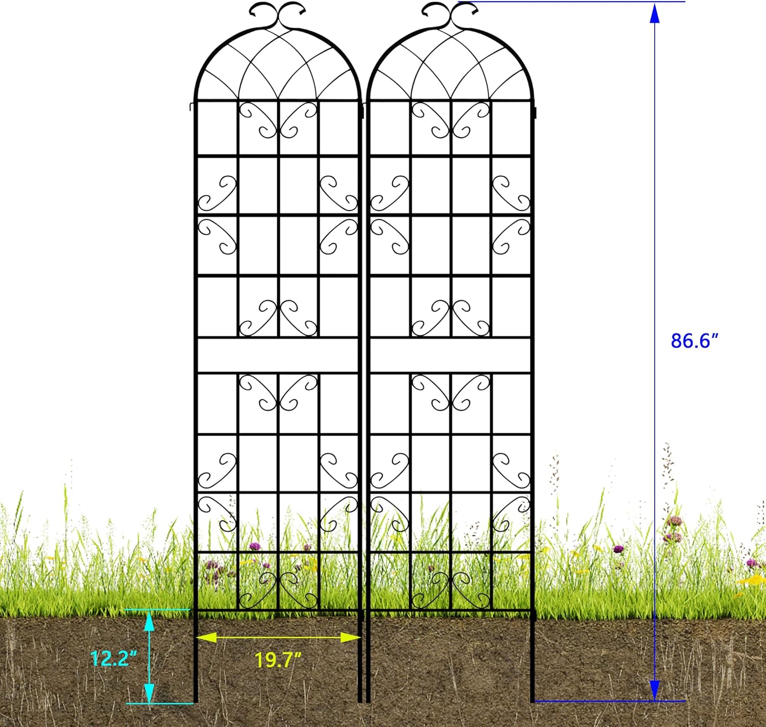 LZRS 2 Pack 87x20in Rustic Iron Arch Decoration Garden Trellis with Black Metal Coating – Perfect