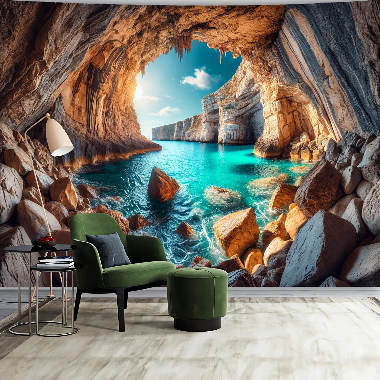 BSFHH Nature Tapestry Forest Tree Sea Cave Wall Hanging, Stream Through Rainforest Landscape Wall