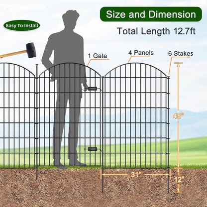 Metal Garden Fence with Gate 48in (H) x 12.7ft (L), 1 Gate+ 4 Panels Dog Fence Border Fences Animal