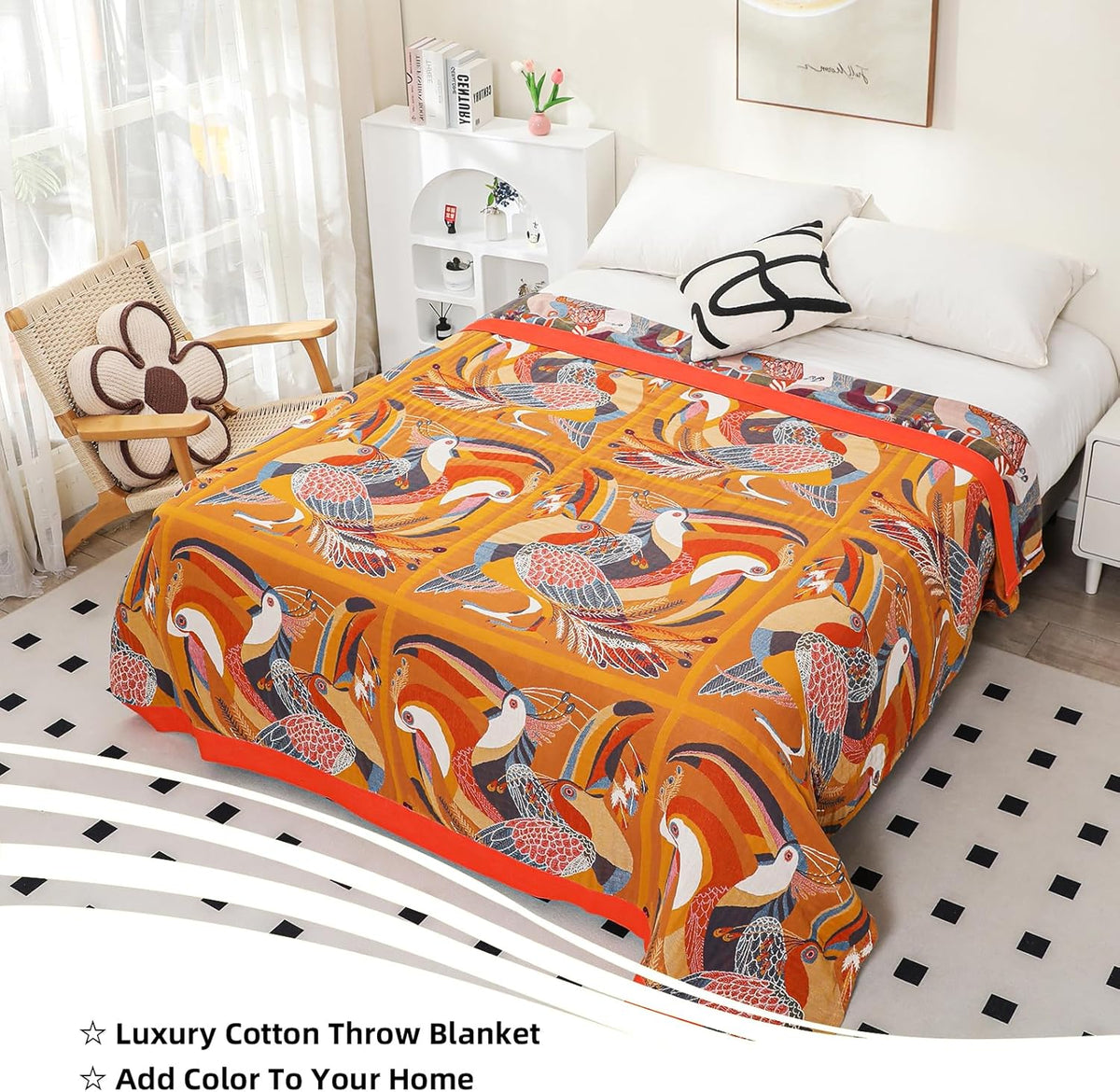 Boho Large Throw Blanket, 100% Organic Muslin Cotton Breathable Soft Bed Throw - Floral Bird