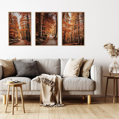 HLNIUC Autumn Forest Framed Canvas Wall Art,Fall Nature Pictures Wall Decor Set of 3(16”x24”) Large