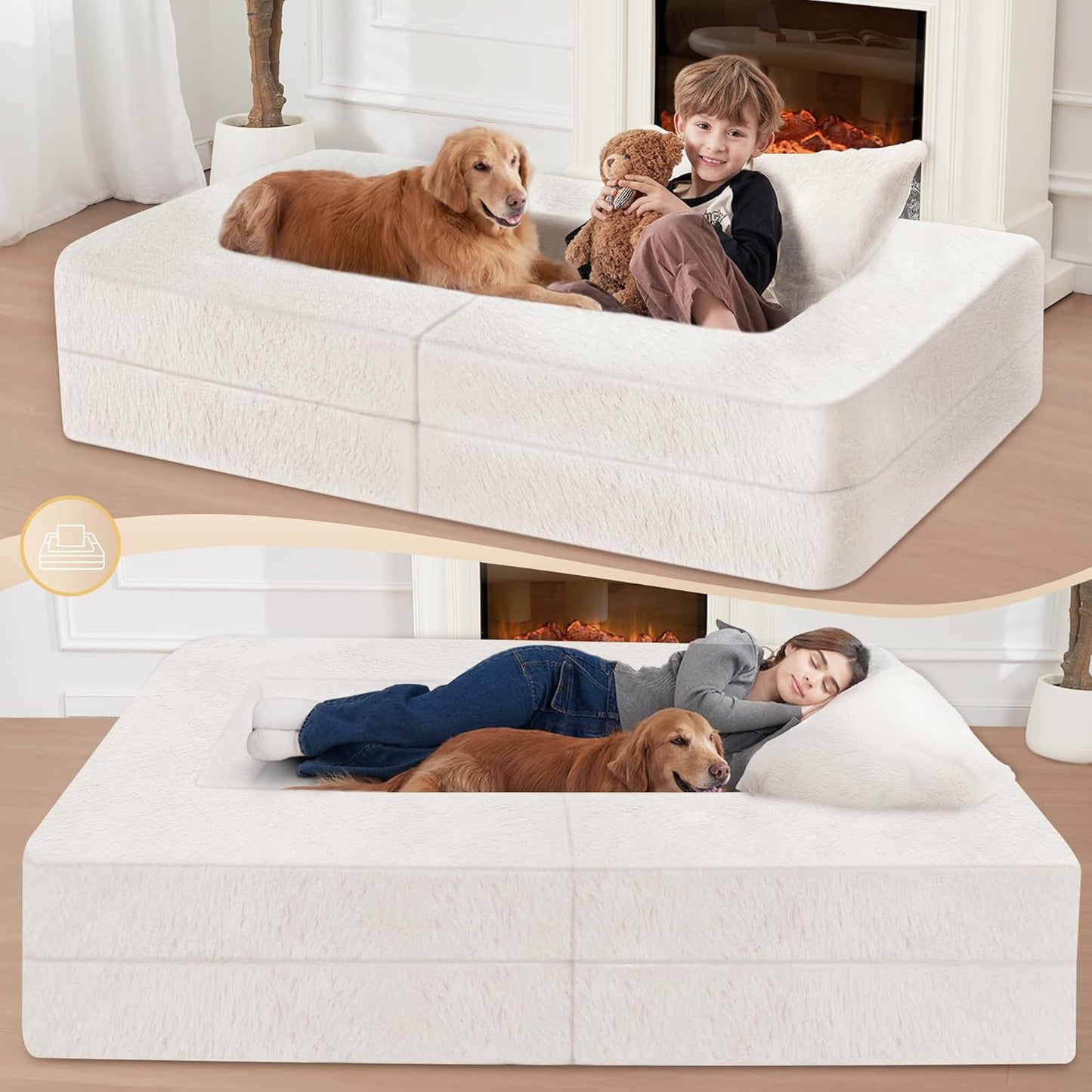 Folding Bean Bag Chair for Adults,3-in-1 Bean Bag Couch Faux Fur Floor Sofa Large Beanbag