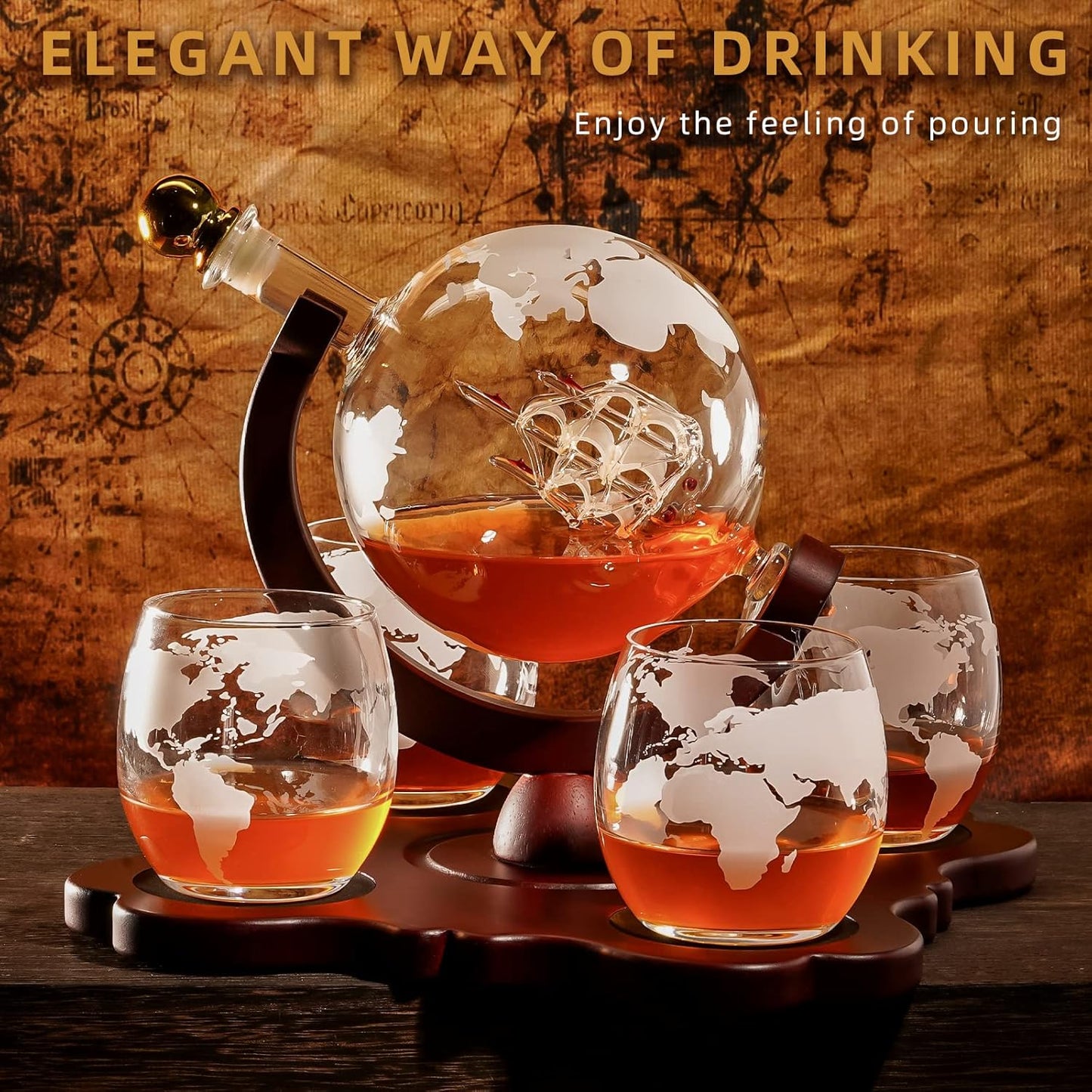 Gifts for Men Dad Husband Christmas, Whiskey Globr Decanter Set with 4 Etched Globe Glasses, Unique
