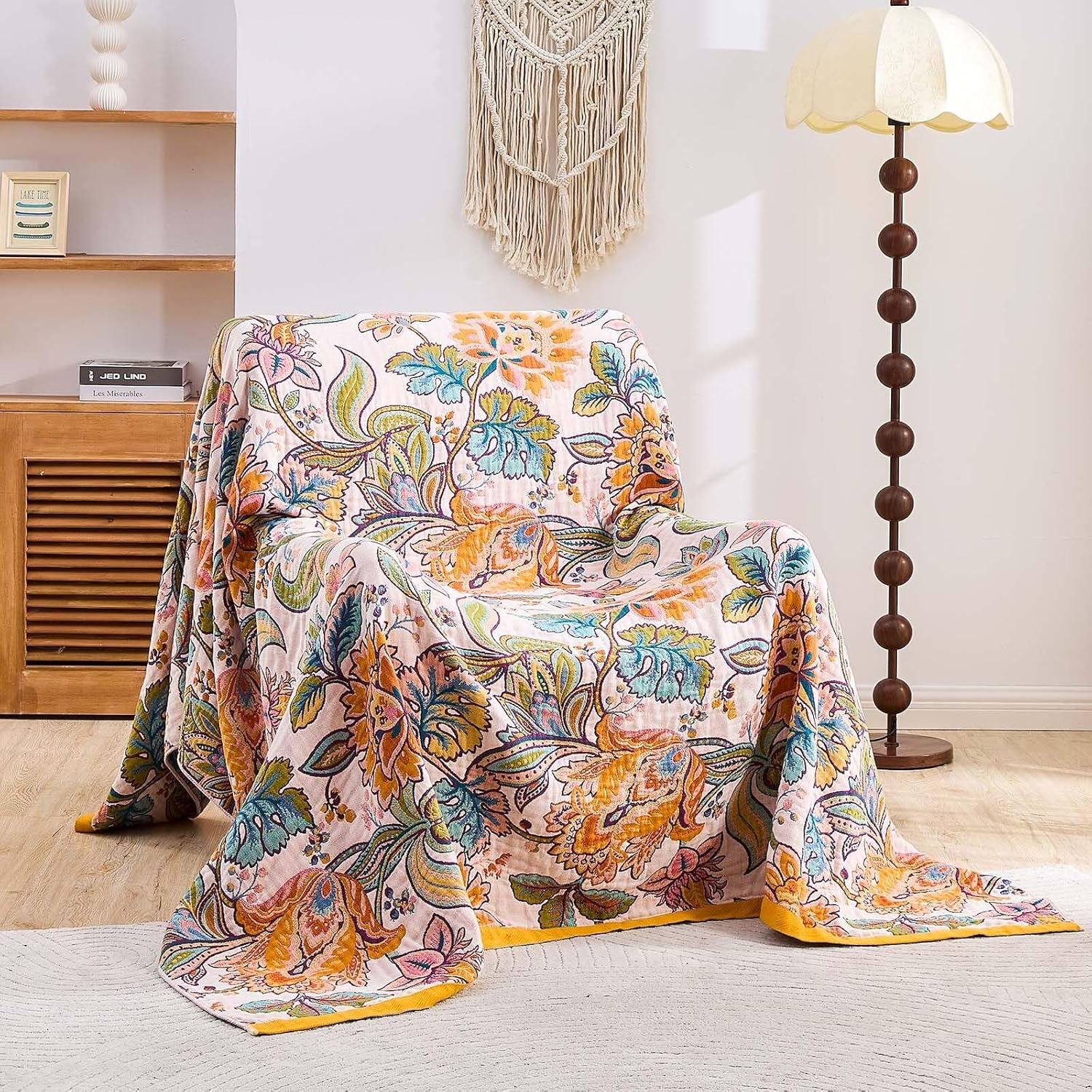 Boho Throw Blanket for Bed, 100% Cotton Soft Rustic Quilt Fall Blanket, 60"x80" Floral Printed