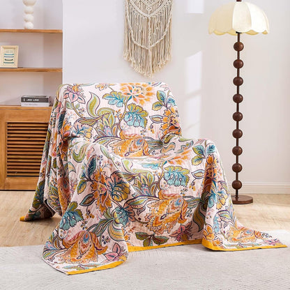 Boho Throw Blanket for Bed, 100% Cotton Soft Rustic Quilt Fall Blanket, 60"x80" Floral Printed
