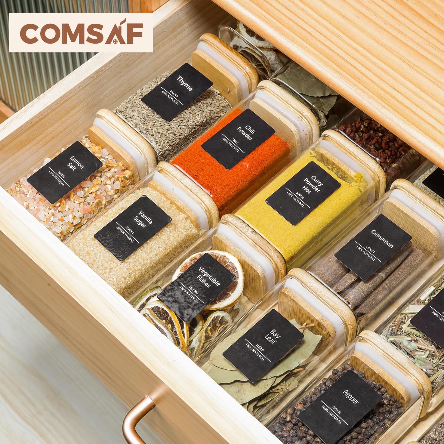 ComSaf 12Pcs Glass Spice Jars with Bamboo Lid, 8oz Airtight Square Containers with 275 Black