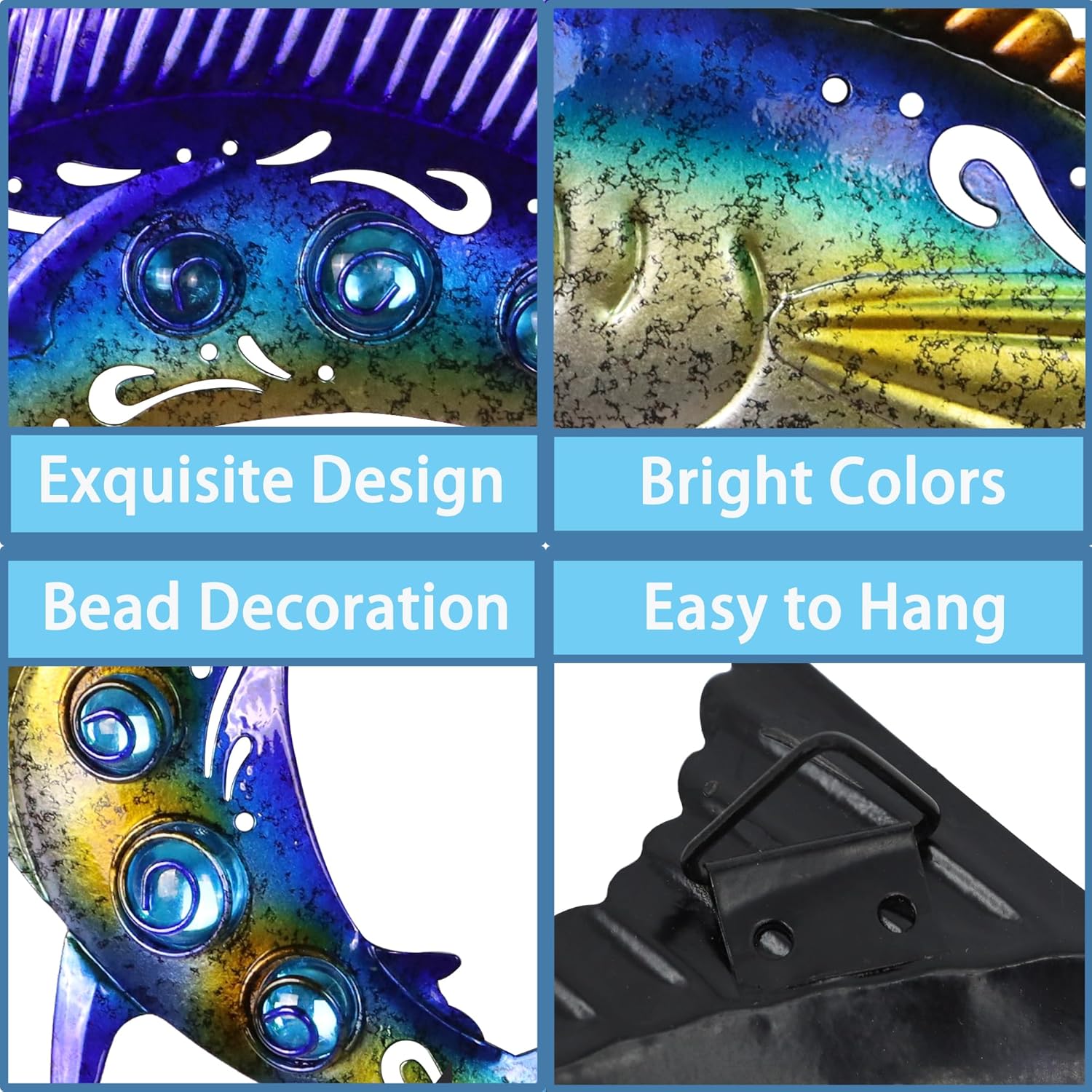 Metal Fish Wall Art Decor, 3-Piece Marlin Tuna Swordfish Set, Blue and Gold Tropical Ocean Theme