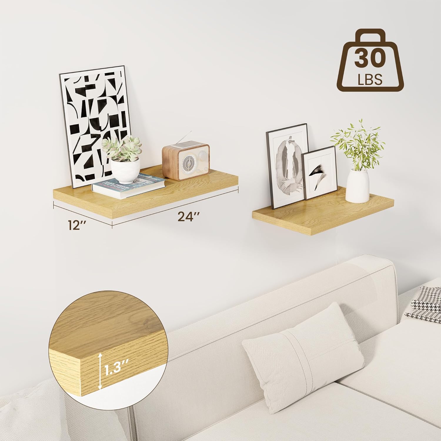 24" Floating Shelves for Wall, 12" Deep Slim Oak Floating Shelves, Wall-Mounted Shelves for