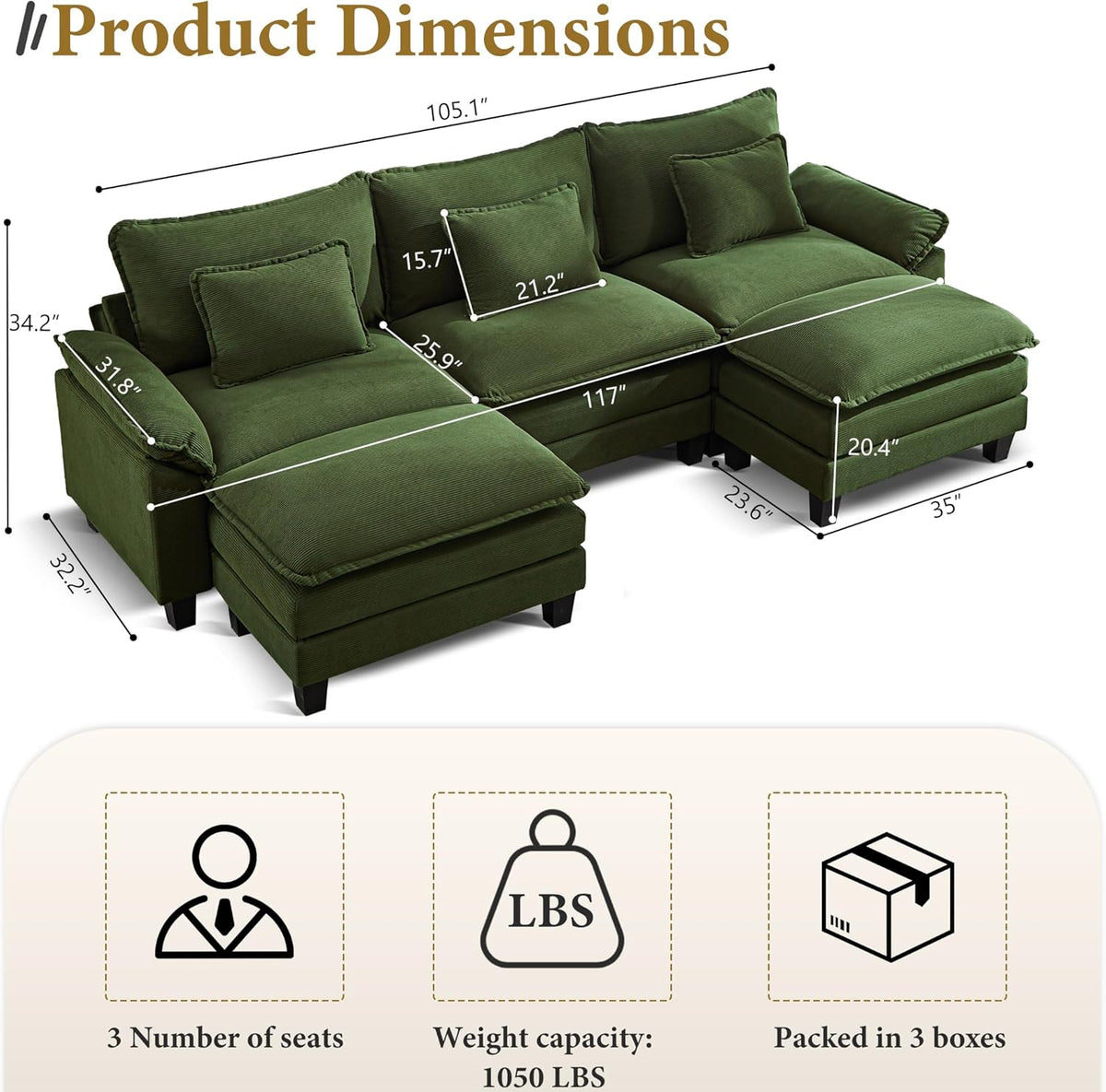 URRED Modular Sectional Sofa Comfy Cloud Couch, Modern Corduroy Sofa Sleeper Deep Seat Couches with