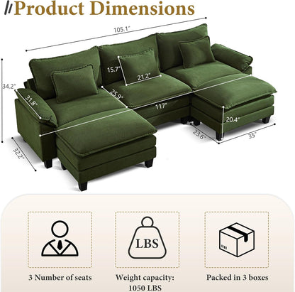 URRED Modular Sectional Sofa Comfy Cloud Couch, Modern Corduroy Sofa Sleeper Deep Seat Couches with