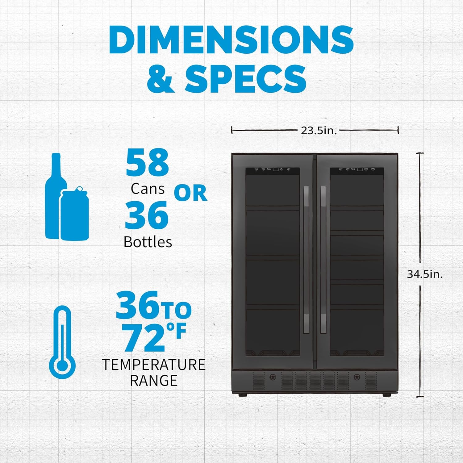 NewAir 24" Dual Zone Wine and Beverage Refrigerator, 18 Bottle & 58 Can, French Door Built-In
