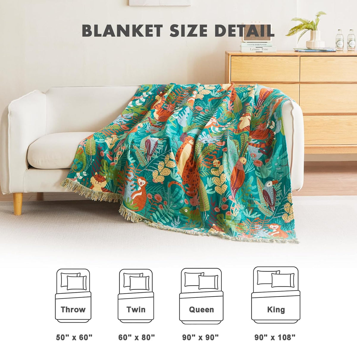 MSGKV Throw Blanket for Couch Bed Cotton Muslin Breathable Animals Twin Size Blanket 60"x80" for