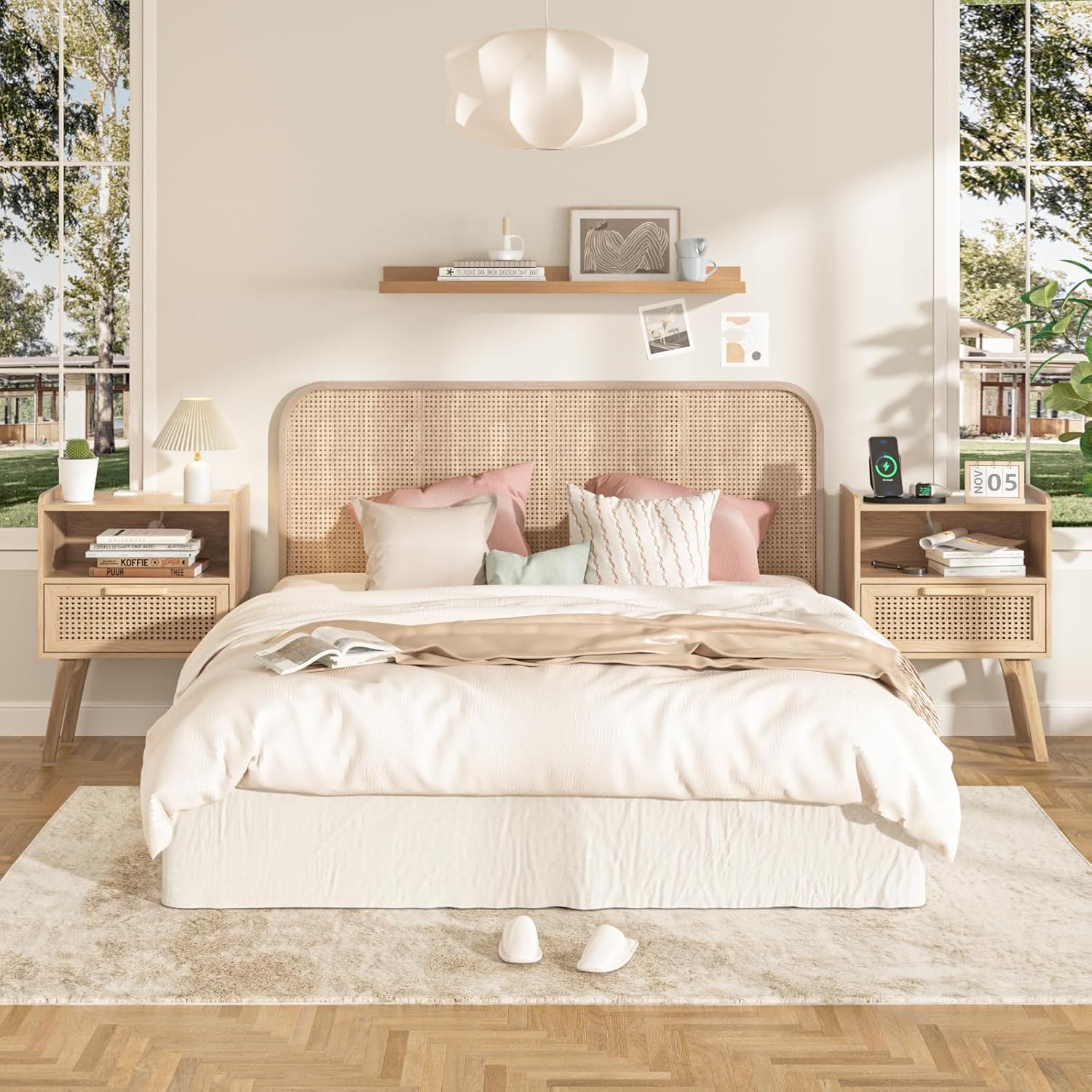 Lerliuo Rattan Nightstand with Charging Station, Boho Night Stand with Handmade Natural Rattan