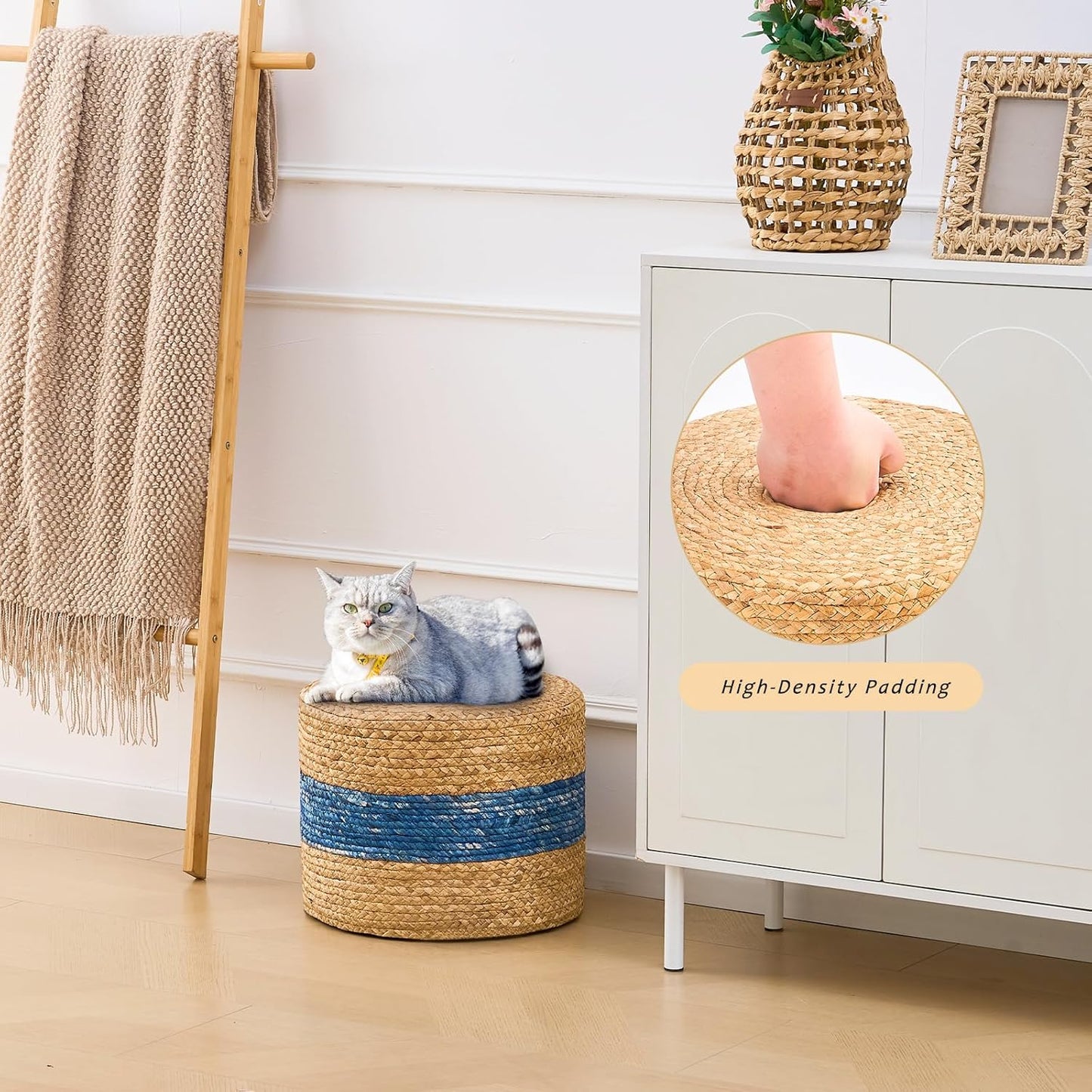 Handwoven Water Hyacinth Ottoman Pouf, Round Outdoor Footstool with Sturdy Frame, No Assembly