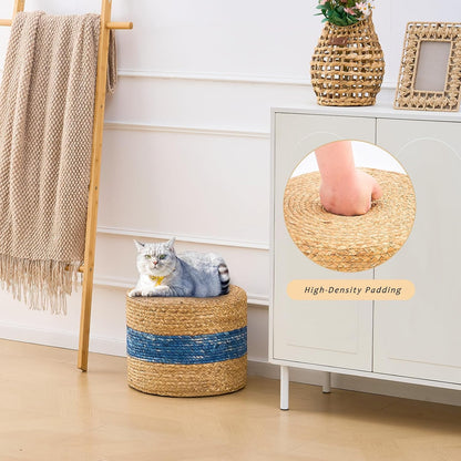 Handwoven Water Hyacinth Ottoman Pouf, Round Outdoor Footstool with Sturdy Frame, No Assembly
