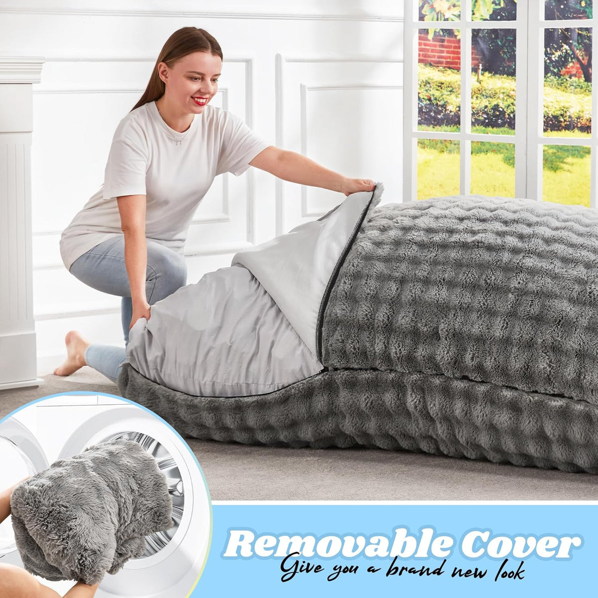 Hobestluk 3 in 1 Bean Bag Chair Giant Bean Bag Chairs for Adults with Bubble Cover Convertible Bean