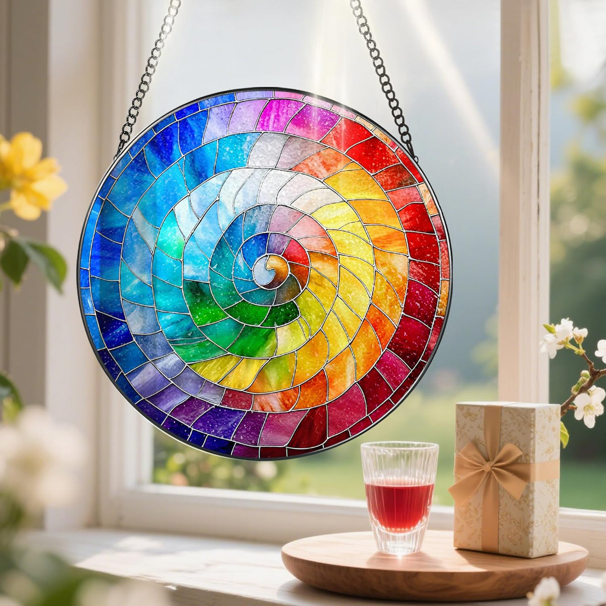 Stained Glass Window Hanging, 8 Inch Rainbow Spiral Stained Glass Suncatcher, Spiral Window Hanging