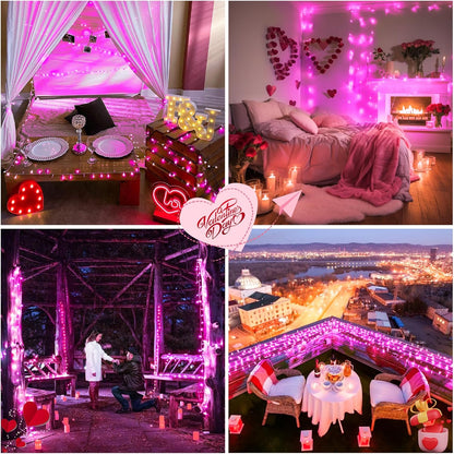 JMEXSUSS Connectable 100 LED Room Lights, 33ft 8 Modes Pink Christmas Lights Clear Wire, Plug in