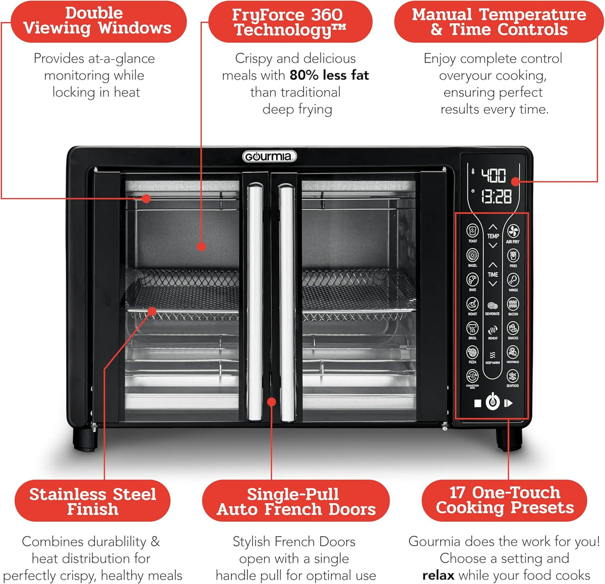 Gourmia Toaster Oven Air Fryer Combo 17 cooking presets 1700W french door digital air fryer oven