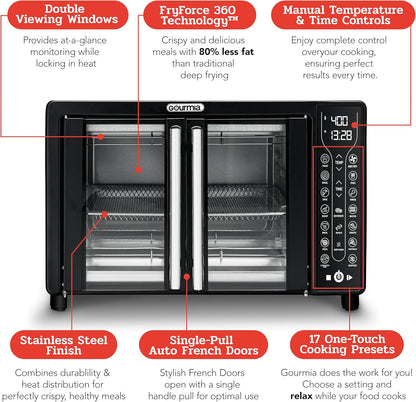 Gourmia Toaster Oven Air Fryer Combo 17 cooking presets 1700W french door digital air fryer oven